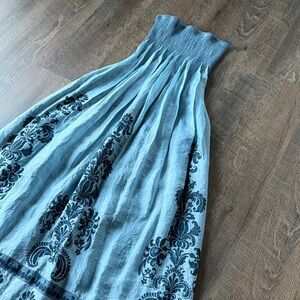 Bl Lapis Strapless Smocked Boho Maxi Dress Blue Border Print 
 Small